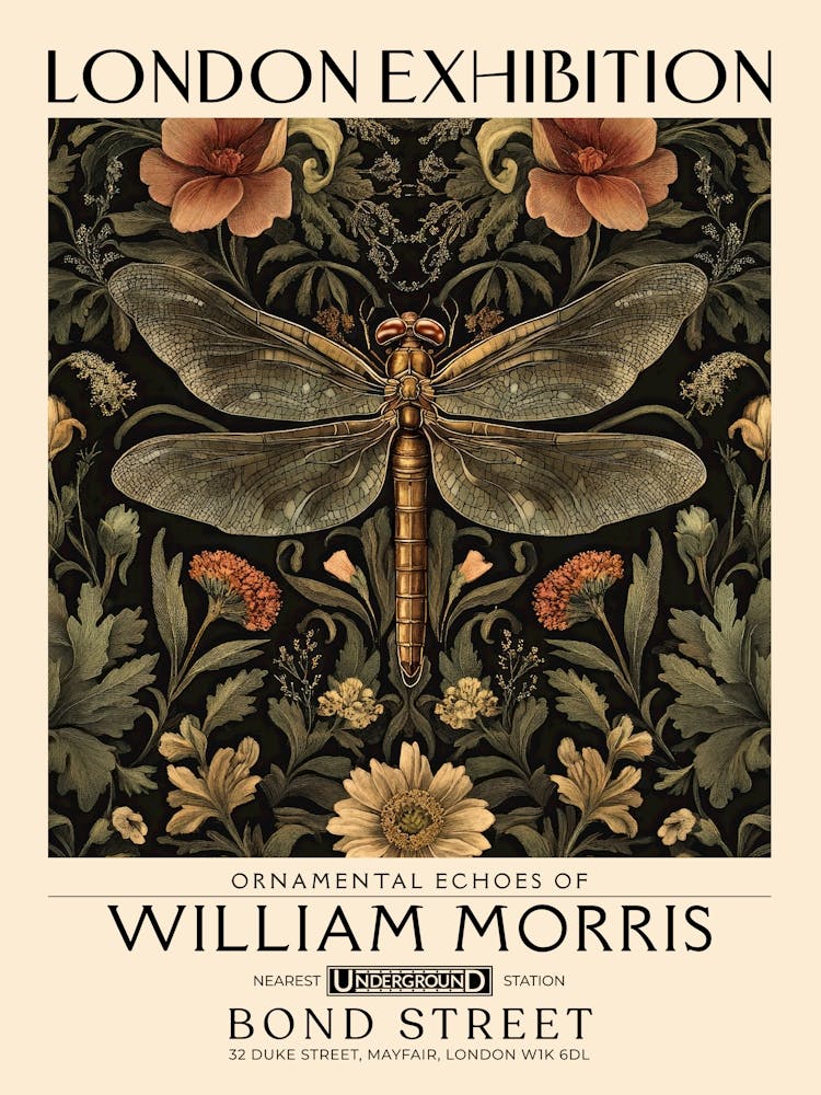 William Morris Dragonfly and floral artwork in Warm earth tones, insect and flower pattern dark academia library Botanical vintage print, living room vintage decor Floral tapestry Victorian nature art 18