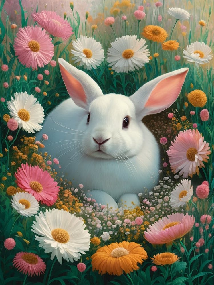 White Rabbit In Daisies