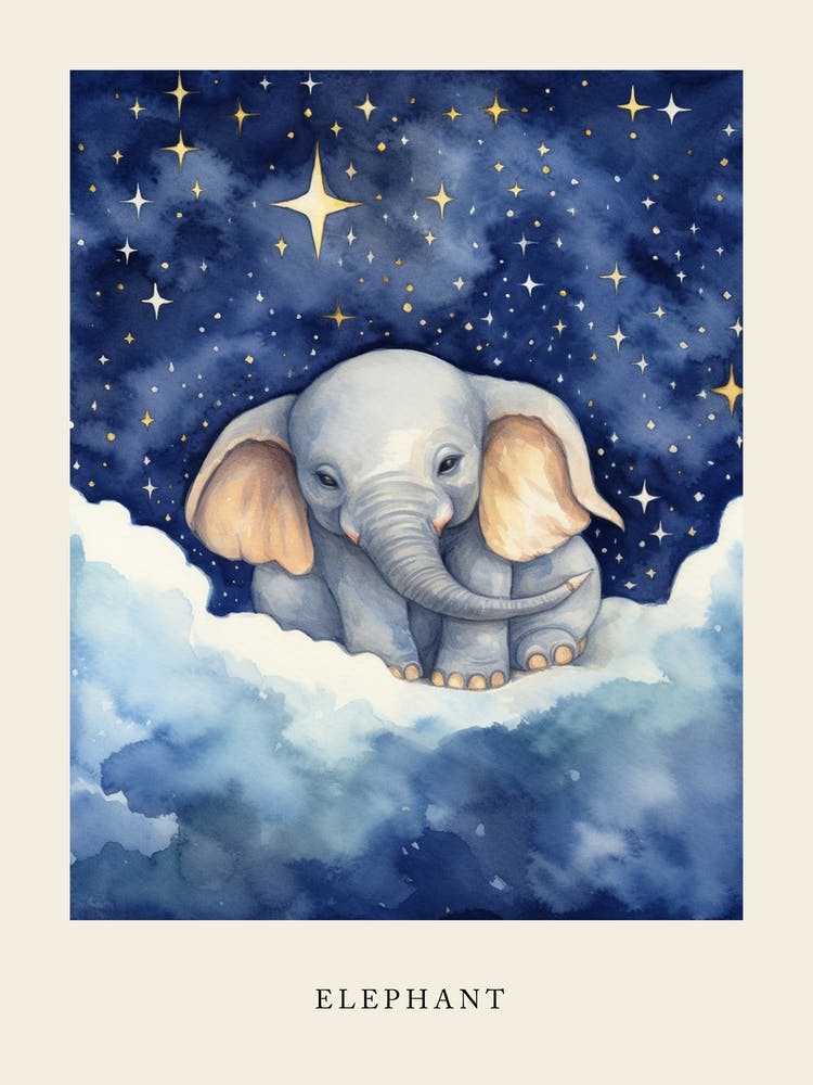 Baby Elephant 6 Sleeping In The Clouds Nursery Poster