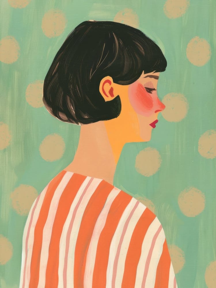 Woman Side Profile. Retro Girl Gouache Portrait