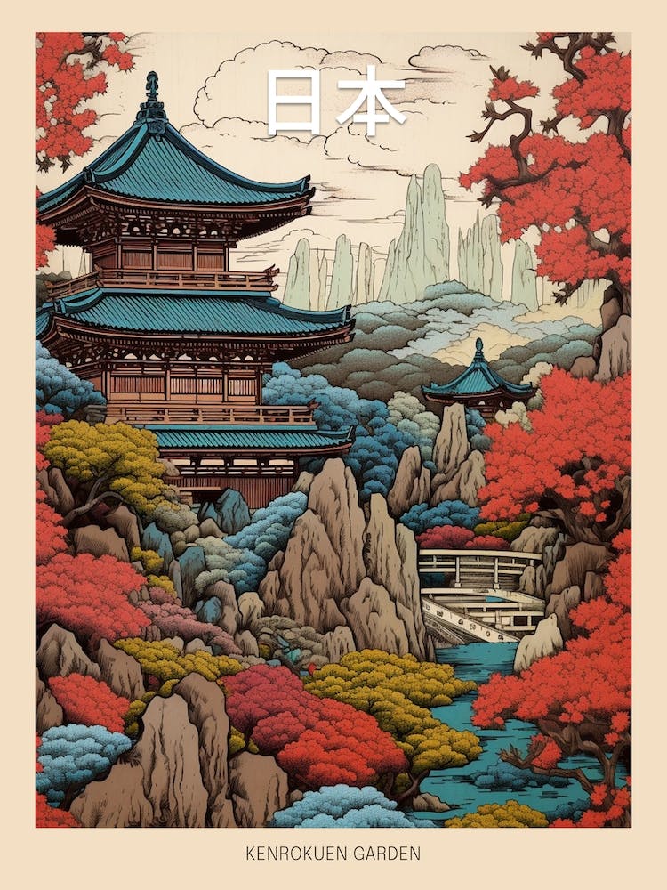 Kenrokuen Garden, Japan Vintage Travel Art 1 Poster