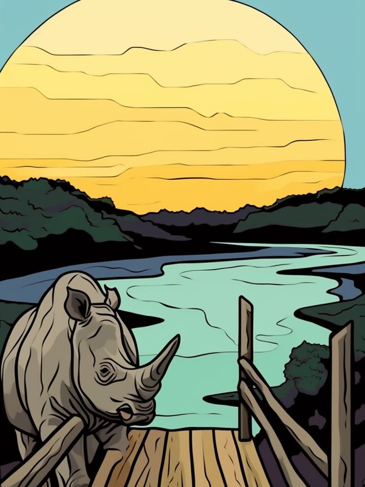 Simple Rhino Line Illustration By The River 3