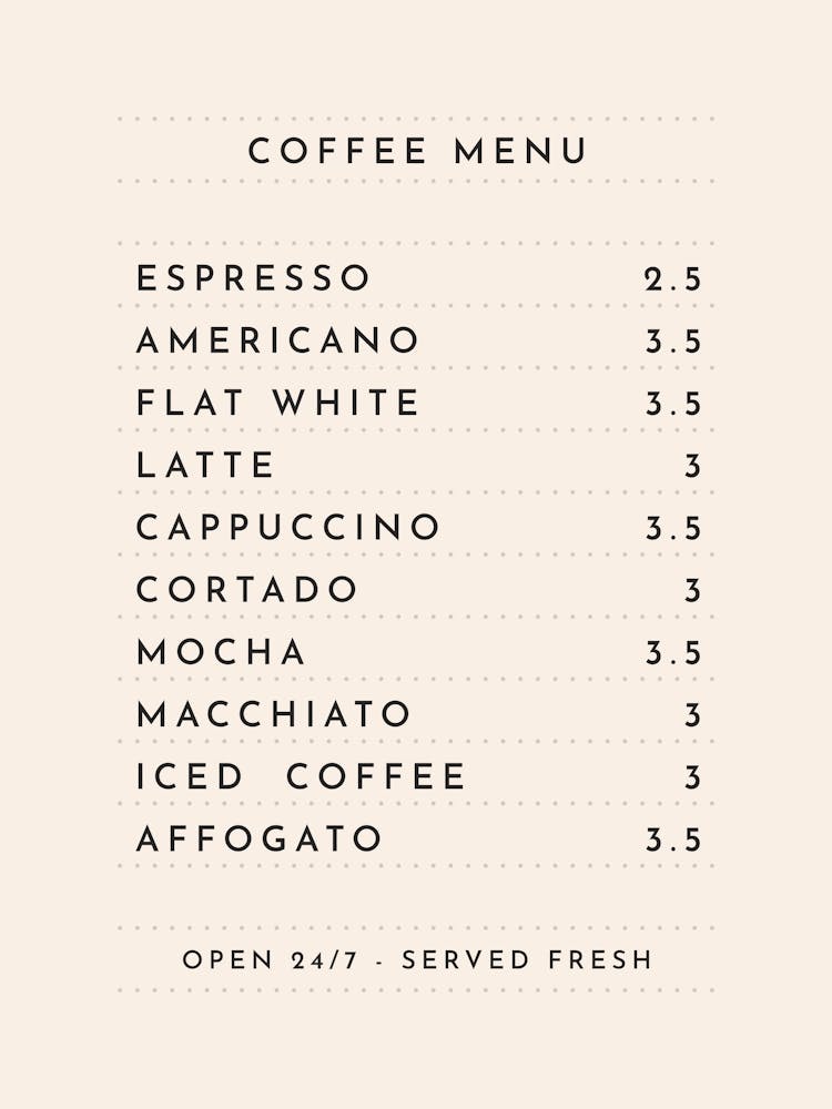 Coffee Menu 1