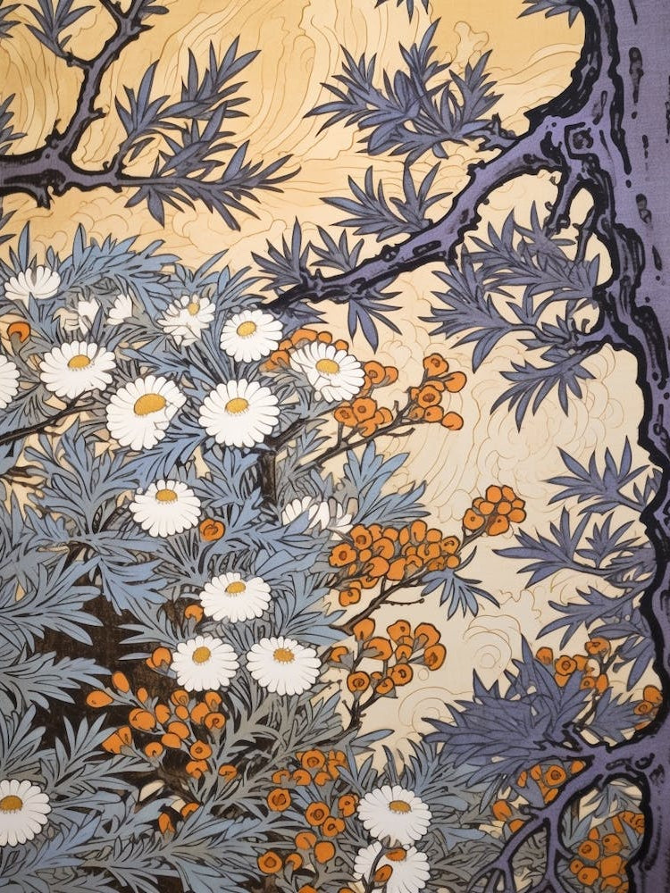 Omurasaki Japanese Aster 2 Vintage Botanical Woodblock