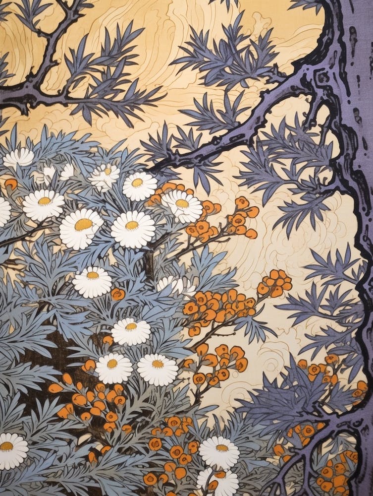 Omurasaki Japanese Aster 2 Vintage Botanical Woodblock