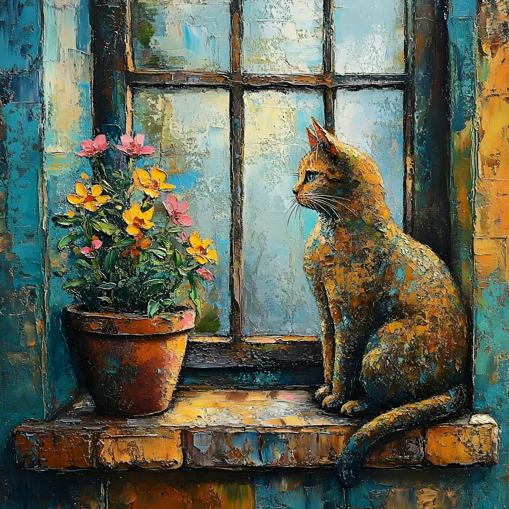 Cat In Window With Flowers 10