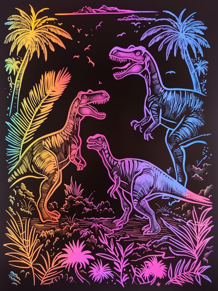 Neonlinien Dinosaurier in jurassischer Landschaft