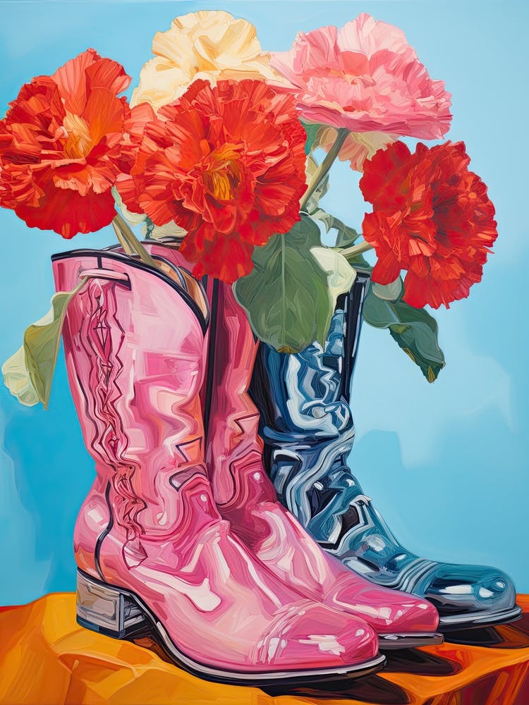 Oil Painting Of Pink And Red Flowers And Cowboy Boots, Oil Style 12