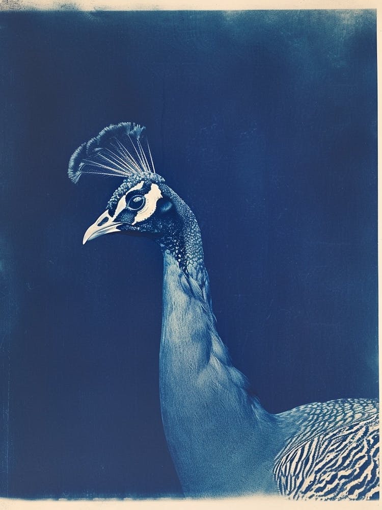 Blue Cyanotype Peacock Portrait Profile