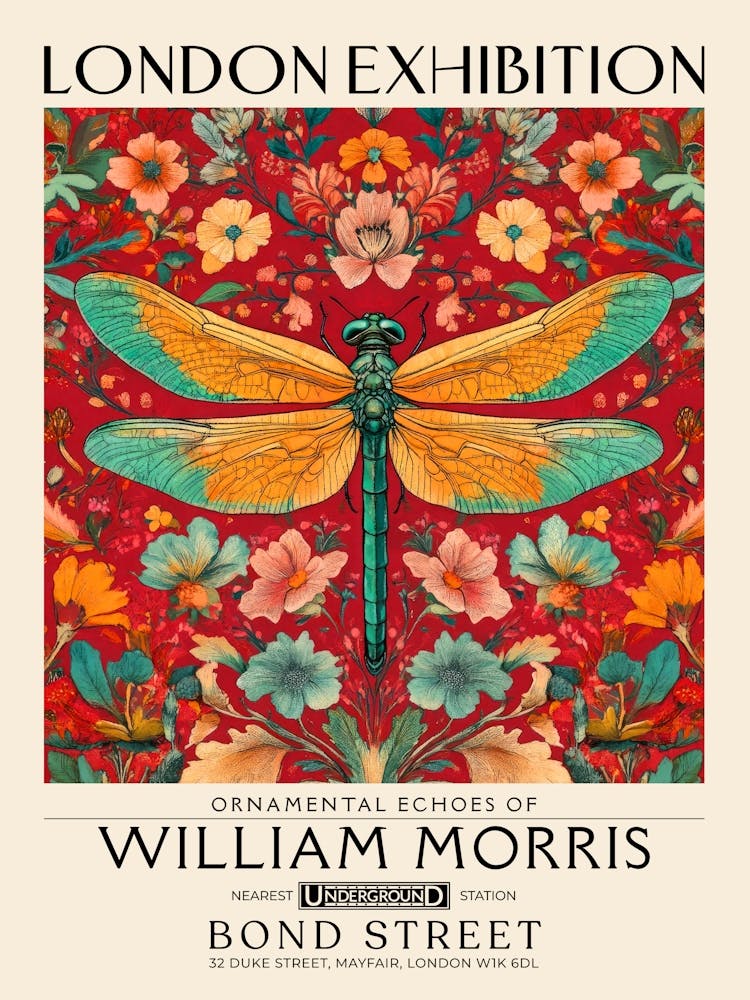 William Morris Dragonfly and floral artwork vibrant colors, insect and flower pattern Botanical vintage print, maximalist wall art living room boho decor, Floral tapestry Victorian style vintage decor 3