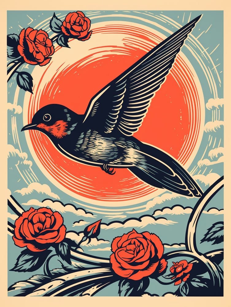 Vintage Bird Linocut Swallow 4