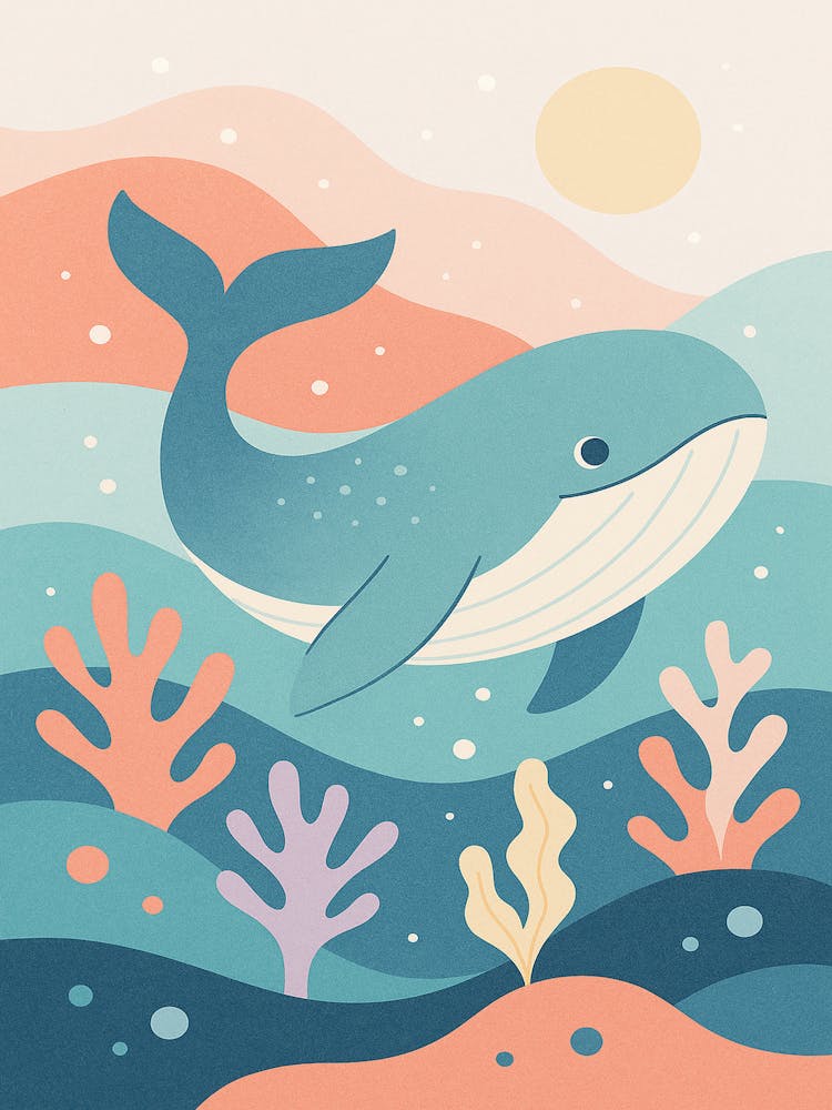Whimsical Ocean Whale Wall Art – Cute Underwater Nursery Print, Sea Life Decor for Kids Room, Pastel Coastal Illustration