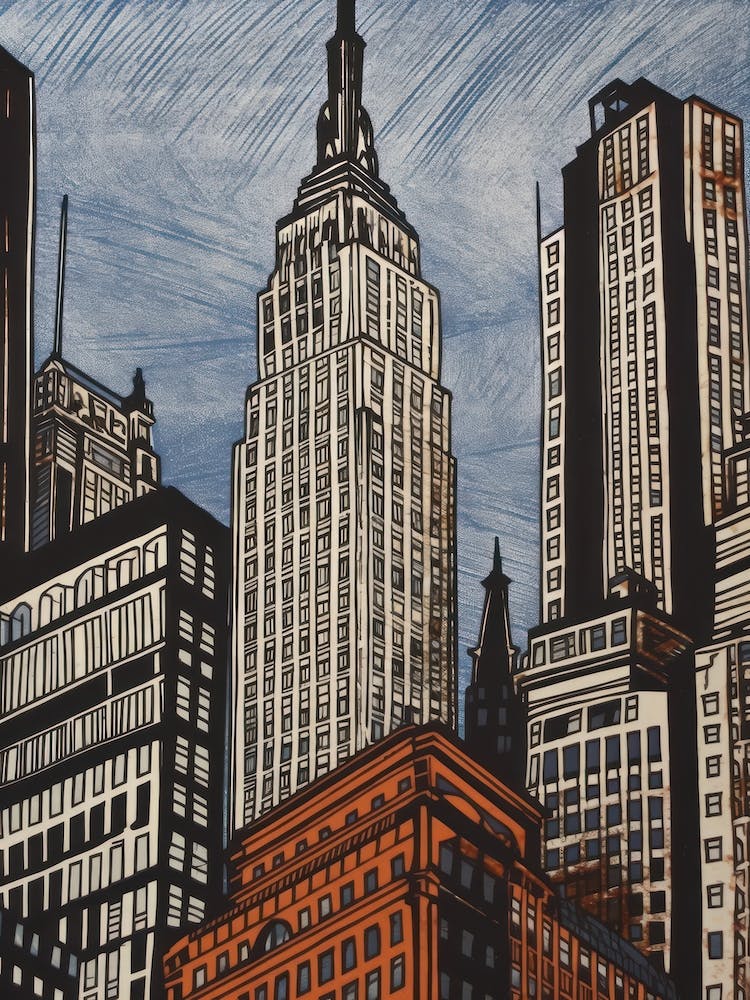 Empire State Building New York City, United States Linolschnitt-Illustrationsstil 3