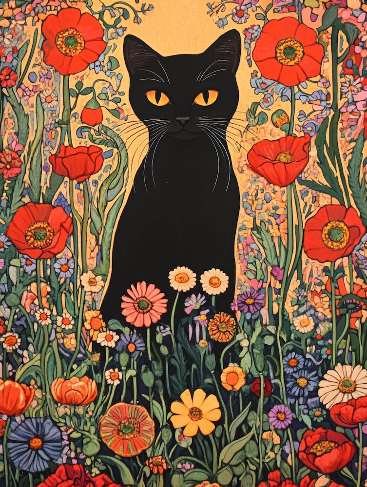 Black Cat In Flower Garden