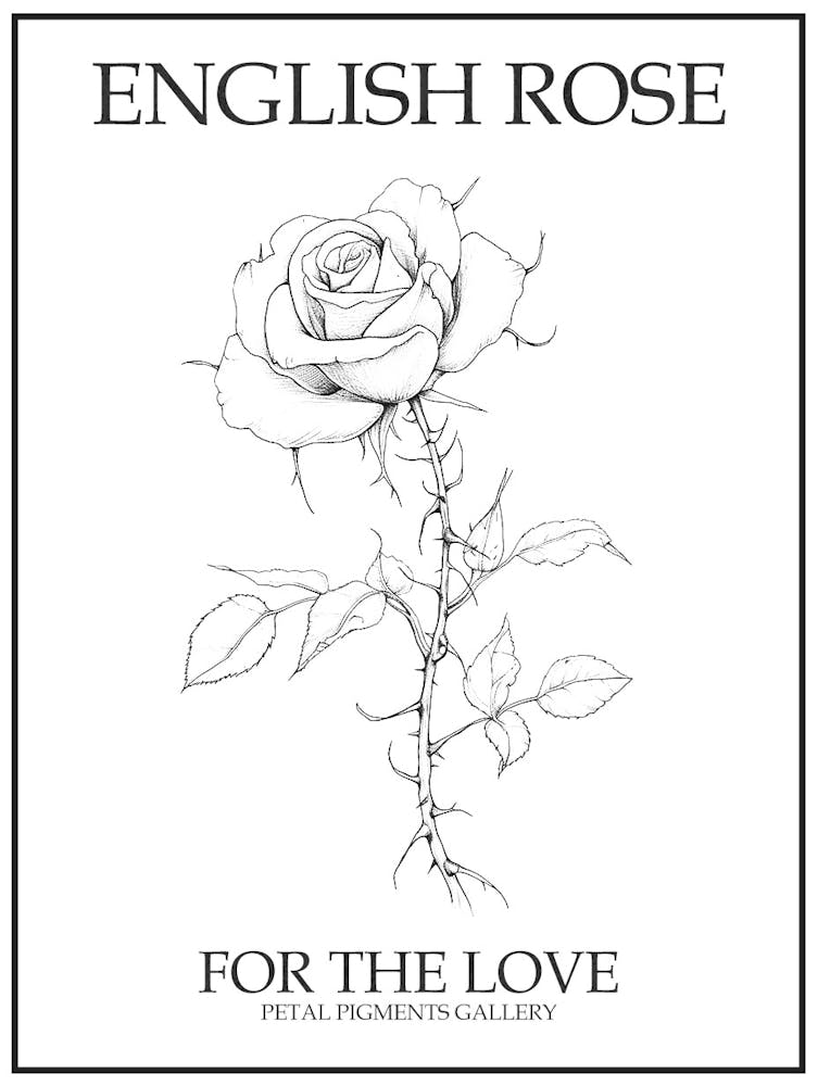English Rose Black And White Line Drawing 31 Poster