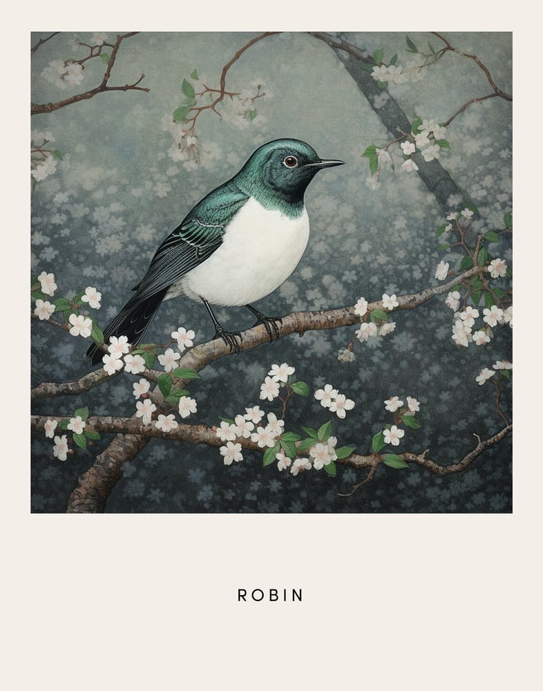 Peinture d'oiseau inspirée d'Ohara Koson Rouge-gorge 1 Affiche