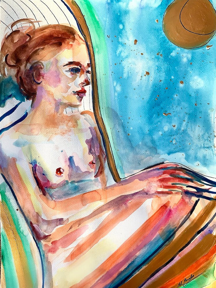 Watching Moon Woman Nude Colourful