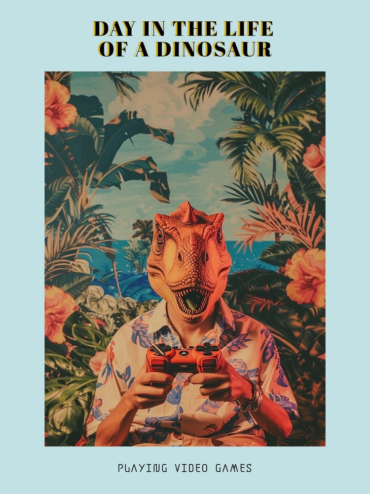 Retro Collage Dinosaur Playing Video Games 3 Poster