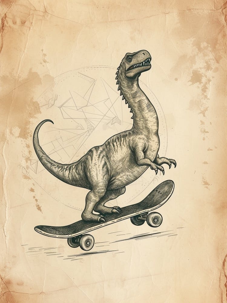 Vintage Brontosaurus Dinosaur On A Skateboard  2