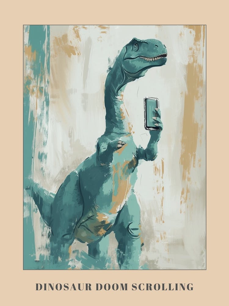 Muted Pastels Dinosaur On A Mobile Phone 1 Poster