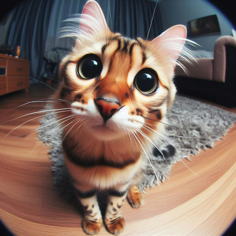 A Curious, Fluffy, And Cute Bengal Cat, Fisheye Lens