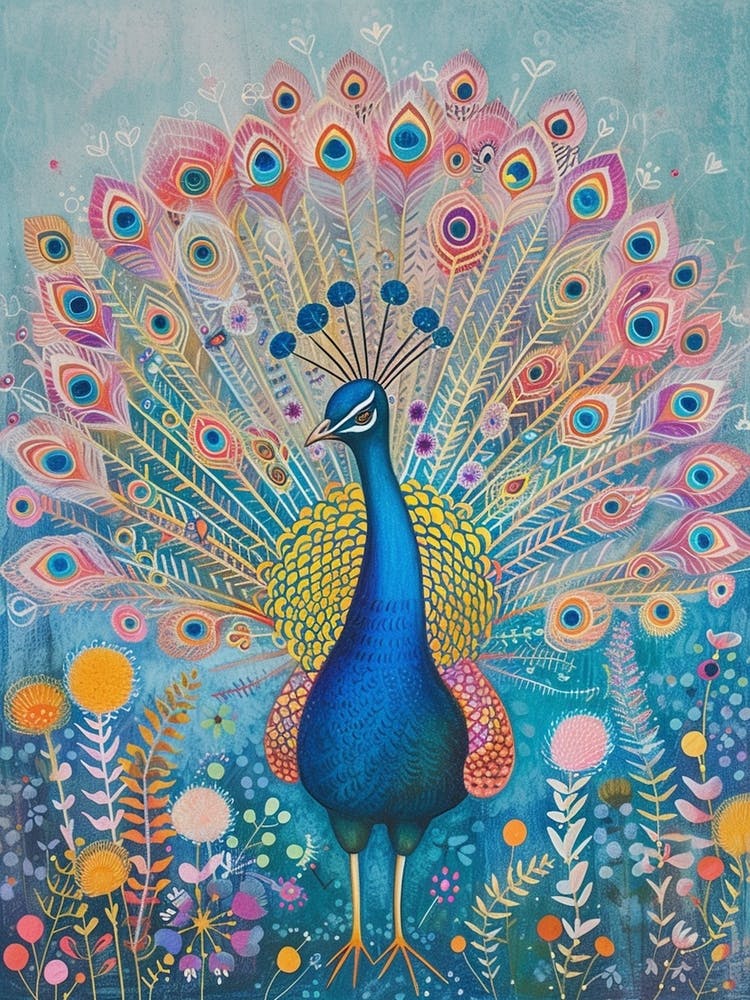 Folky Floral Peacock With Its Feathers Open 1