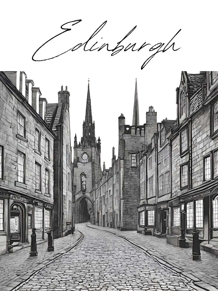 Edinburgh Streets, Black And White Illustration