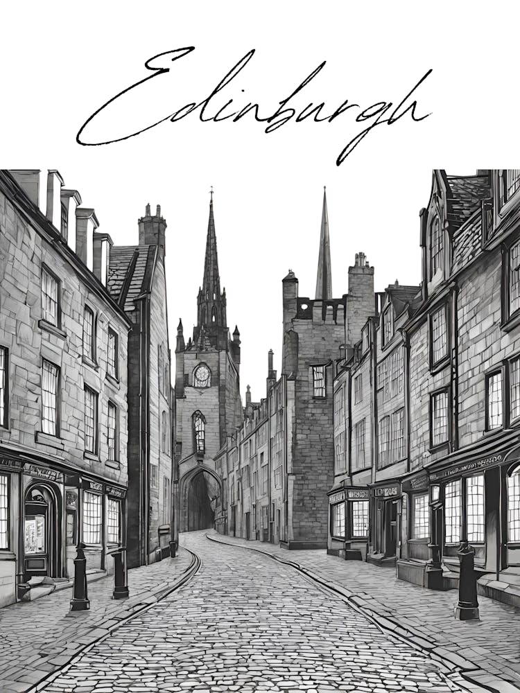 Edinburgh Streets, Black And White Illustration
