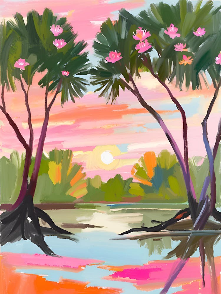 A Tropical Mangrove Swamp At Sunset, Where Tangled Roots And Arching Mangrove Trees Stand Reflected In Tranquil Orange Tinged Waters