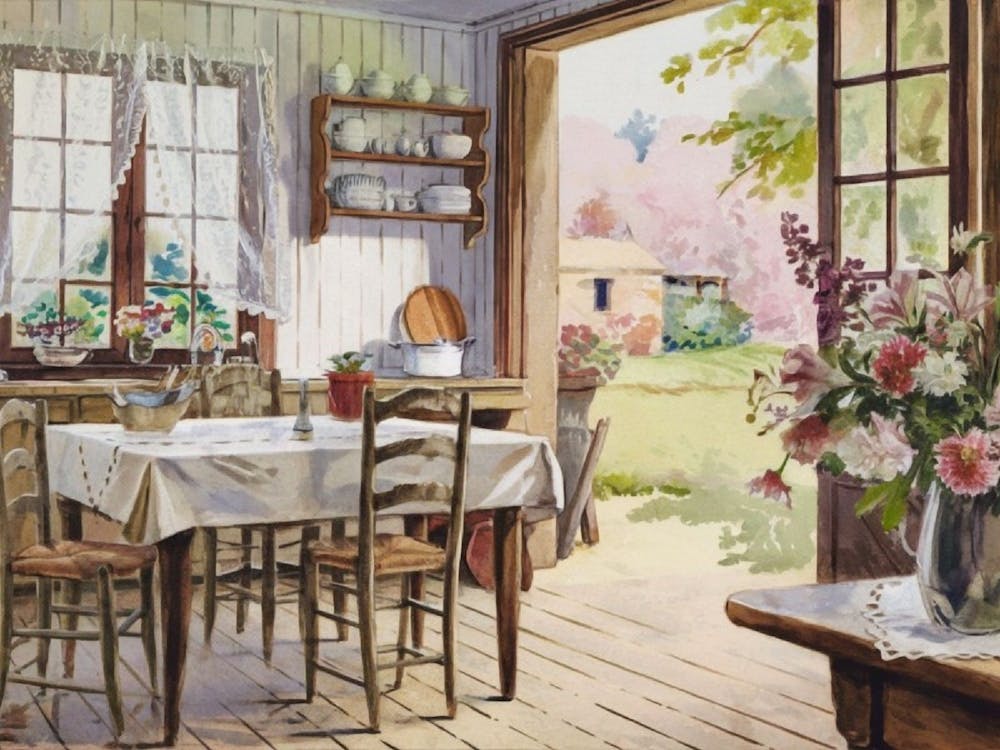 Sunlit Kitchen Garden - Serene Interior and Exterior Watercolor