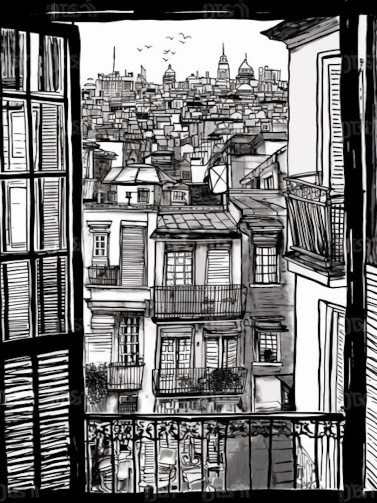 A Window View Of Buenos Aires In The Style Of Black And White  Line Art 4
