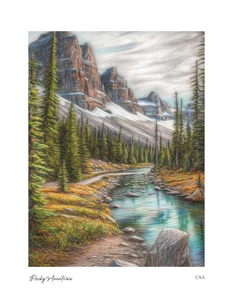 Rocky Mountains Usa Pencil Sketch 4 Watercolour Travel Poster