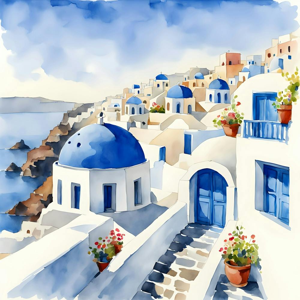 Santorini Greece Watercolor 2