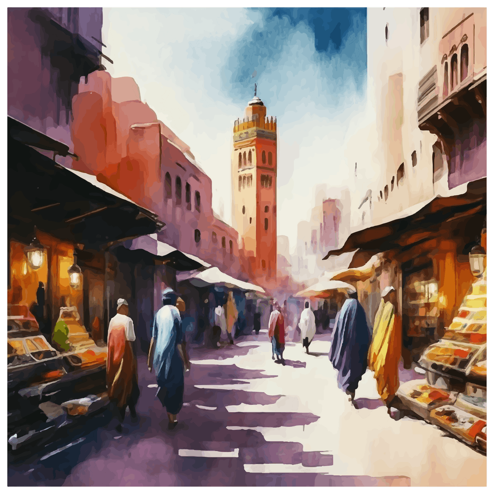 Marrakech Dreamscape, Realistic City Watercolor