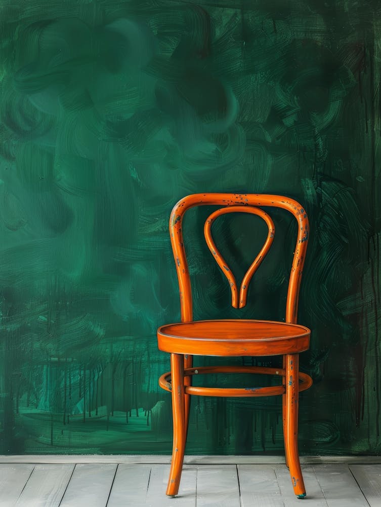 Chaise orange devant un tableau vert