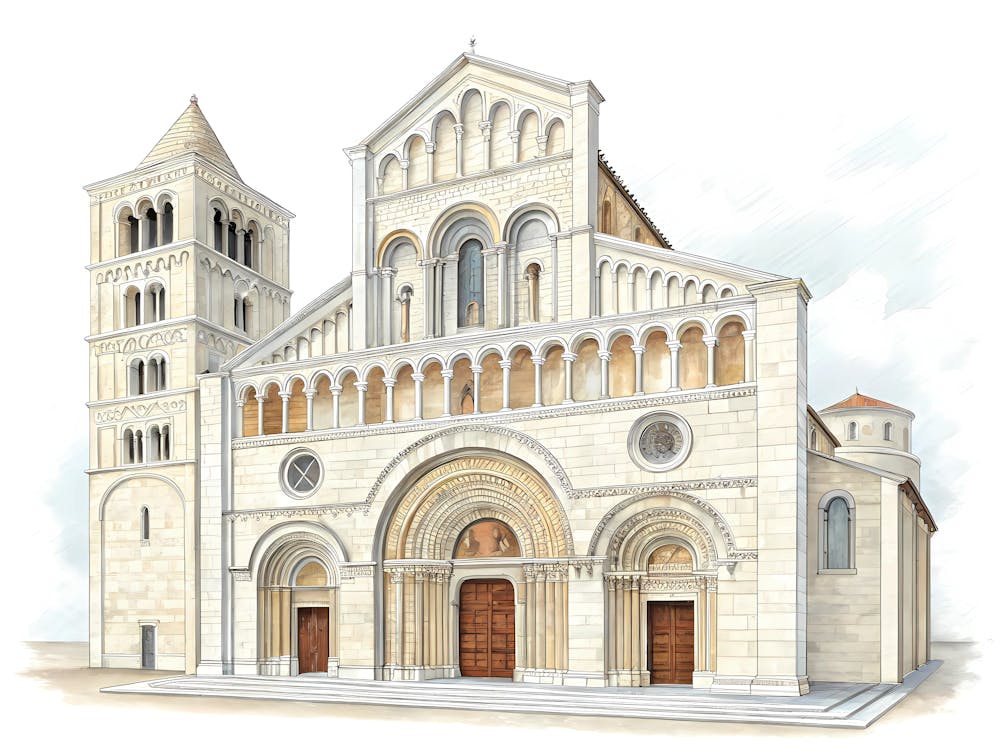 Minimalist Sketch Of A Romanesque Cathedral Fa Ade