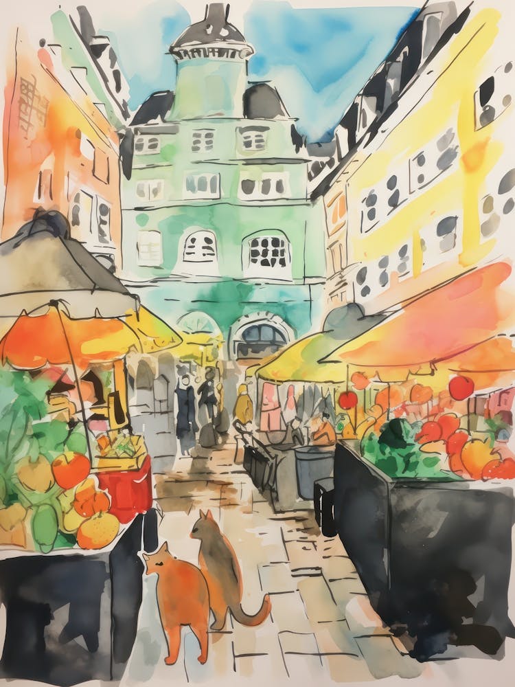 Food Market With Cats In Vienna 3 Watercolour