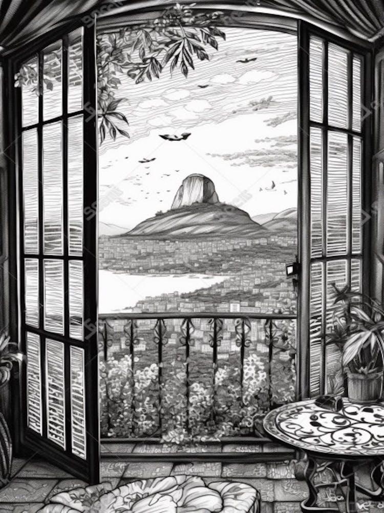A Window View Of Rio De Janeiro In The Style Of Black And White  Line Art 2