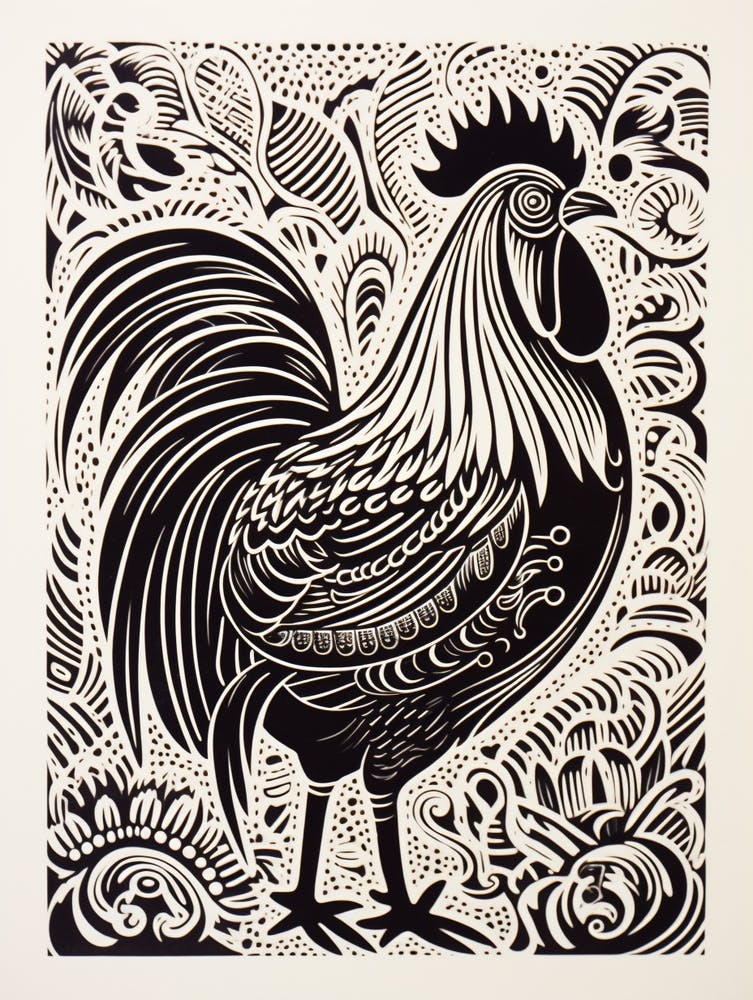 B&W Bird Linocut Rooster 4