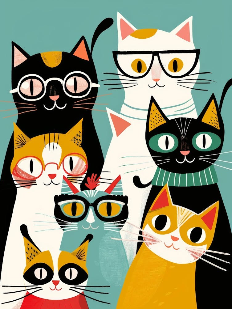 Group Of Cats In Glasses