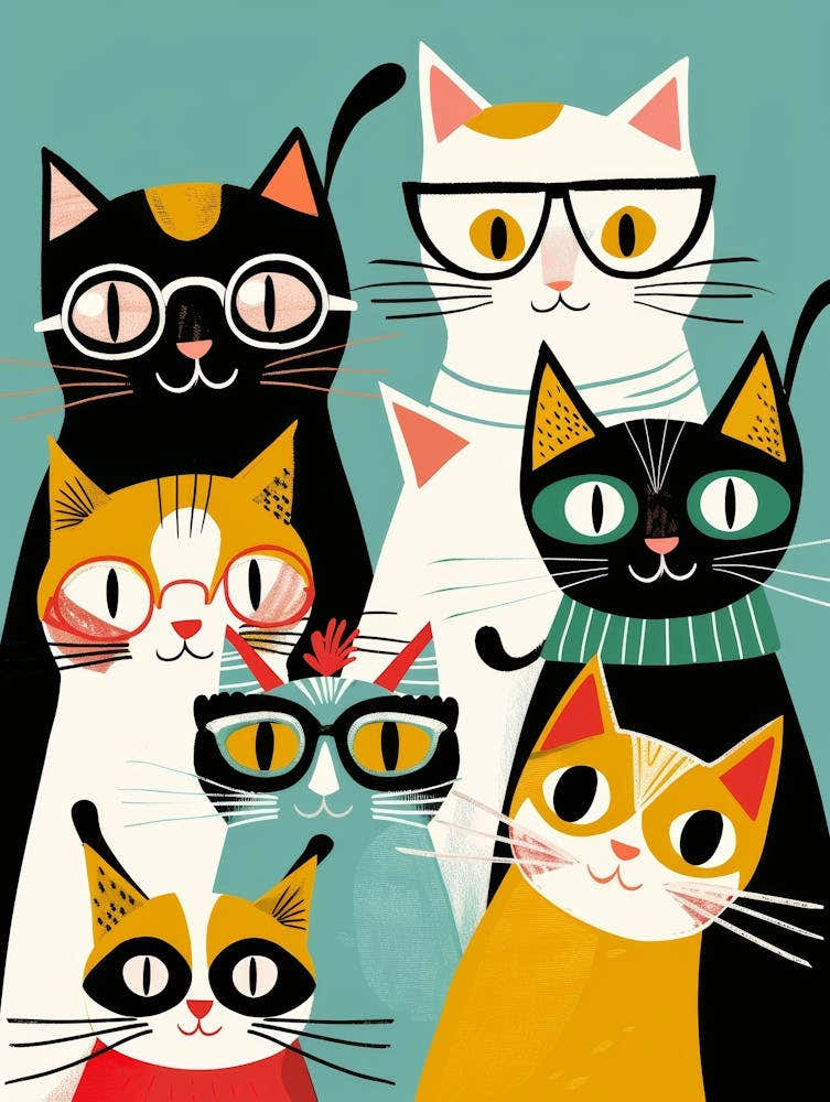 Group Of Cats In Glasses