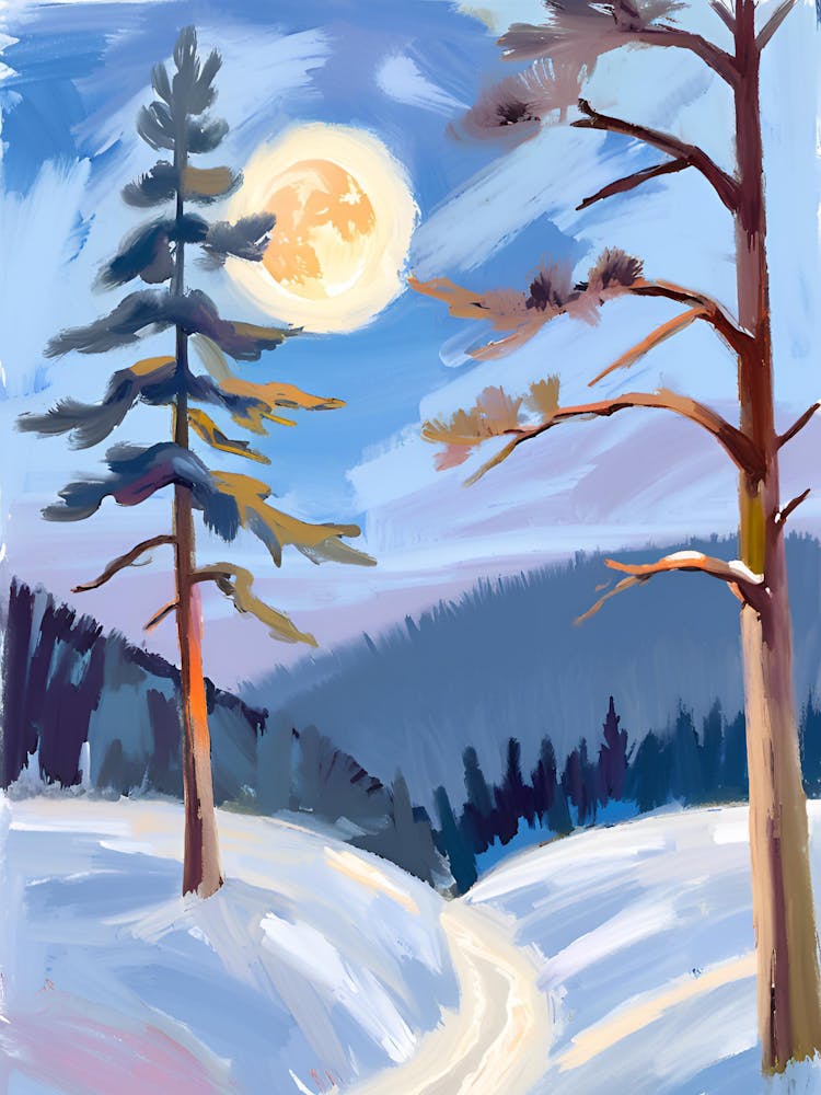 A Silent Winter Forest At Twilight, The Sky Deepening To Indigo Above Snow Laden Pines