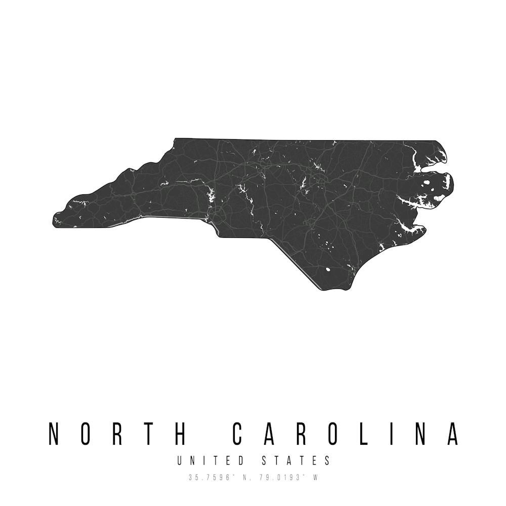 North Carolina Mono Black And White Modern Minimal Street Map Square