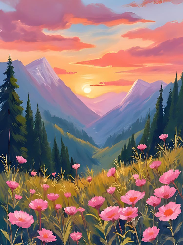 Sunset With Pink Flowers