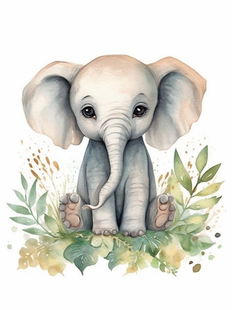 Watercolour Jungle Animal Baby Elephant 1