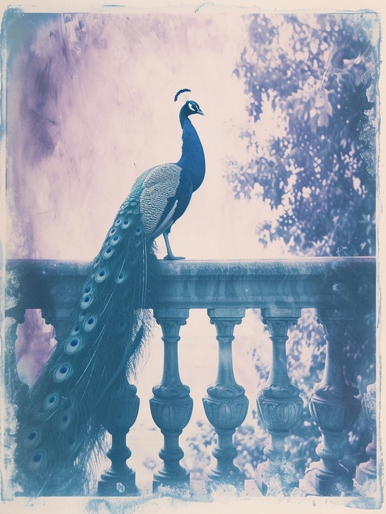 Vintage Peacock On A Banister Cyanotype Inspired 2
