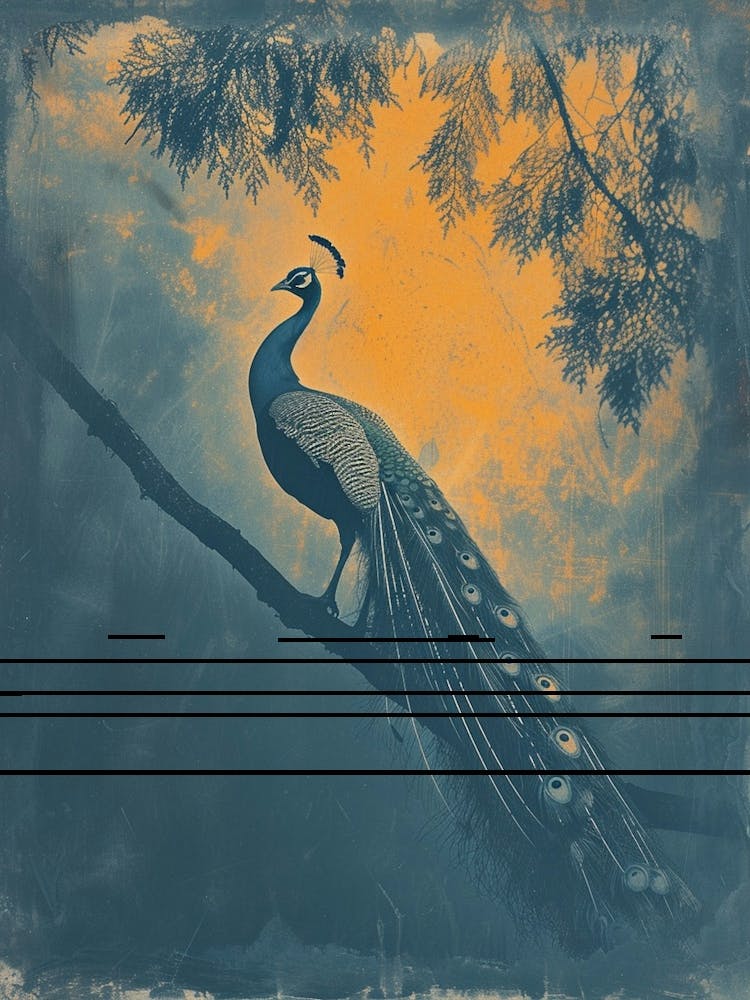 Vintage Orange & Navy Blue Peacock On A Tree Branch 4