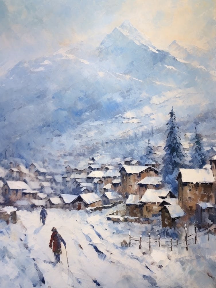 Vintage Winter Painting Zermatt Switzerland 1