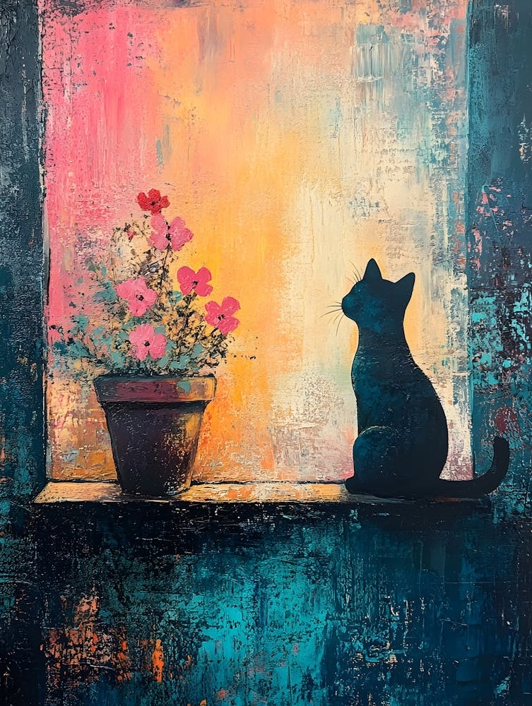 Cat In Window With Flowers 2