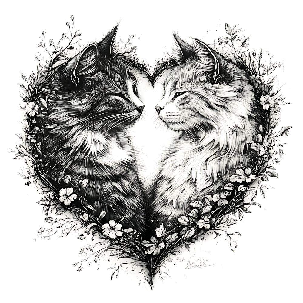Delicate Ink Drawing of Cats Love Heart 9